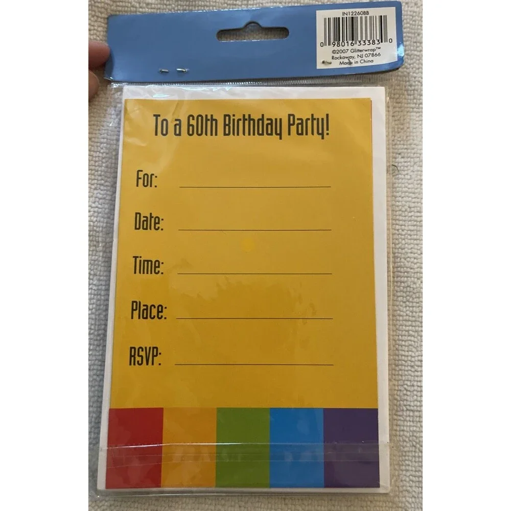 New Sealed Glitterwrap 60th Birthday Party Invitations 8 Count 4 in x 6 in